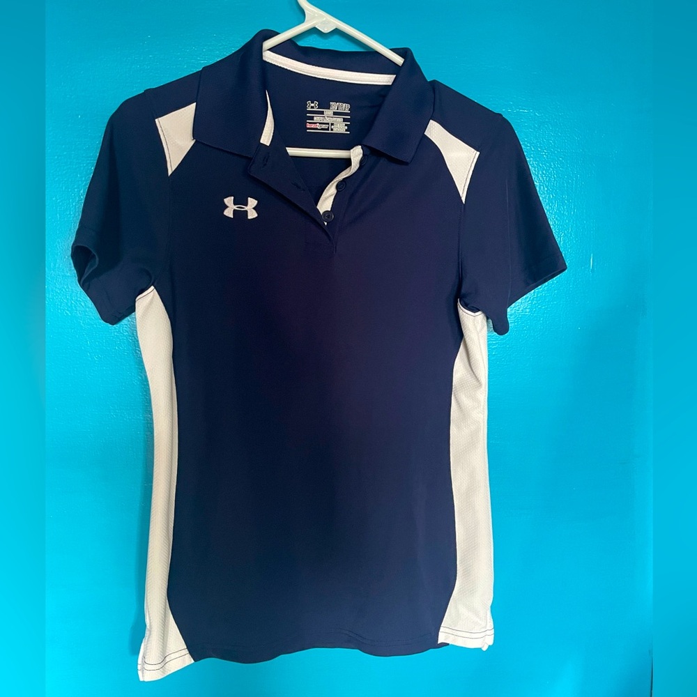 Under Armour Navy and White Fitted Polo Short Sleeve Tee - SZ XS.